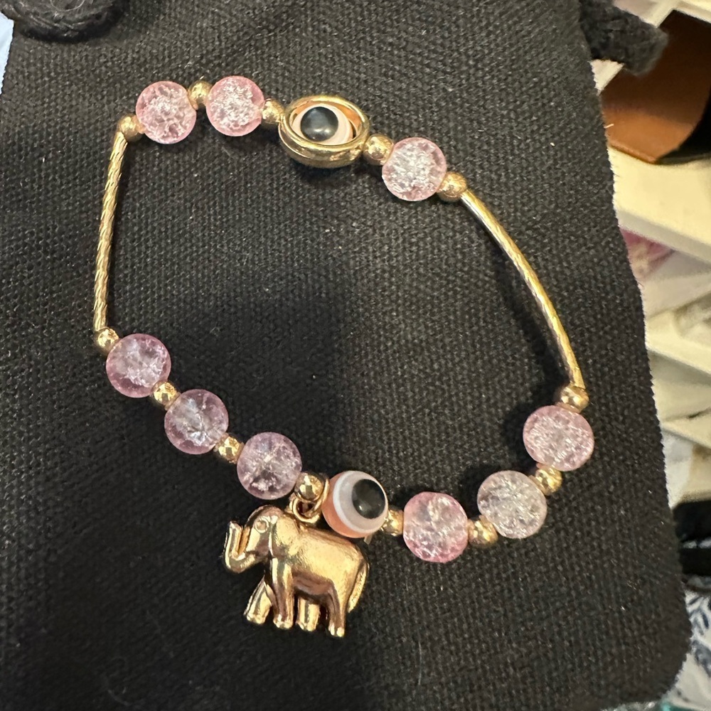 Pink and Gold Beaded Elephant Charm Bracelet